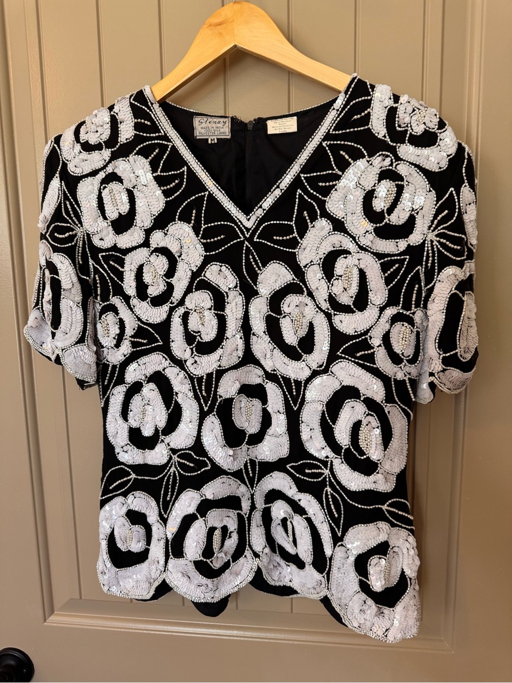 Vintage 100% Silk Sequin Floral V-Neck Top Made in India